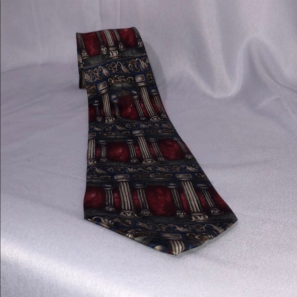 Bill Blass necktie 100% silk red white blue columns pillars neck tie made in USA